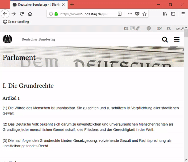 A gif showing the use of a bookmarklet that removes sticky website
elements and adds a red indicator when scrolling with the space
bar.