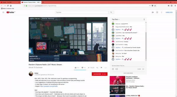 A gif showing the use of a
bookmarklet that realigns the chat on YouTube livestreams to be in
sight in cinema mode.
